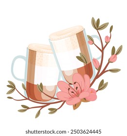 Two glasses of Latte coffee with cream, decorated with Antique Peach Wreath 