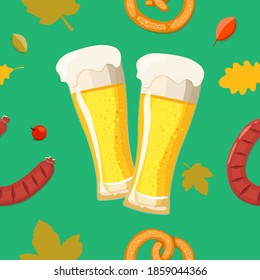 Two glasses of light beer, fried sausages, pretzels, autumn leaves and berries on a green background. Delicious food, fun time concept. vector seamless pattern background