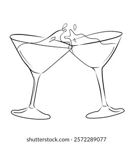 Two glasses of martini or champagne in doodle  style. Line art glasses hand drawn. Alcohol and cocktail drink menu.  glasses make cheers and splash drinks. Holiday, celebration, party sign 