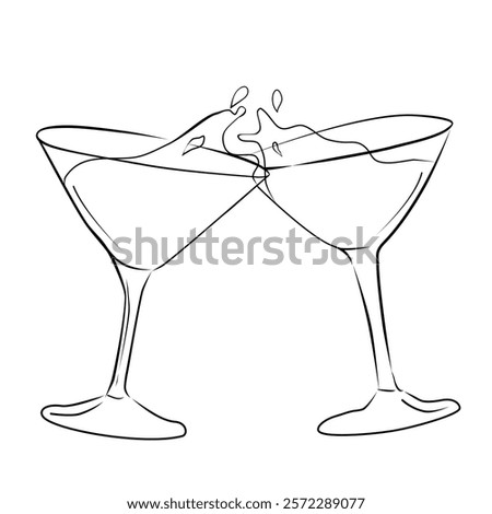 Two glasses of martini or champagne in doodle  style. Line art glasses hand drawn. Alcohol and cocktail drink menu.  glasses make cheers and splash drinks. Holiday, celebration, party sign 