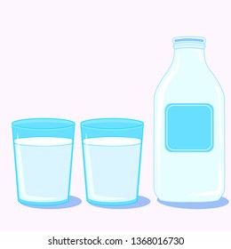 Two glasses of milk and an empty bottle on a gentle background. Vector illustration of milk day