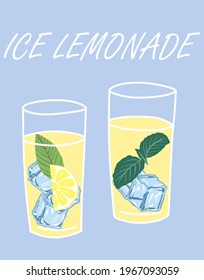 Two glasses with mint lemon ice lemonade. Flat style vector illustration of cool drink. Hand-drawn concept of cold beverage for sticker, print, grocery, or bar decoration. Fresh citrus cocktail.