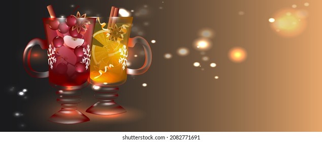 Two glasses of mulled wine with spices and orange slices on a blurred background with bokeh. Traditional drink at the winter holiday