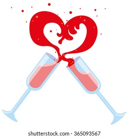 Two glasses on a long stalk with red beverage, drink, wine, splash of them heart shaped vector illustration in flat style, isolated object without background