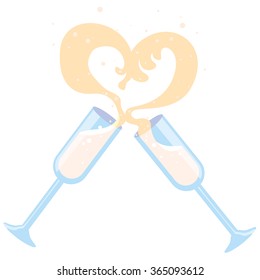 Two glasses on a long stalk with red beverage, drink, wine, splash of them heart shaped vector illustration in flat style, isolated object without background