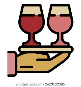 Two glasses on a tray icon. Outline two glasses on a tray vector icon color flat isolated