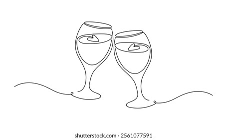 Two glasses in one line. Design for christmas, valentine, anniversary, wedding. Minimalist vector illustration.