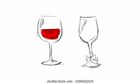 two glasses one with wine and the second one without wine but with a bow tie, on a white background