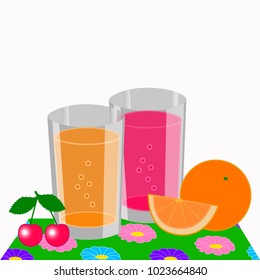 Two glasses with orange and cherry juice isolated white background.
