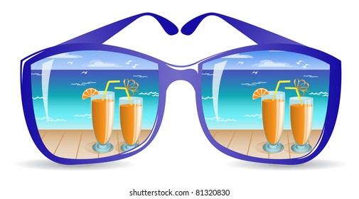 two glasses with orange drink on the beach are reflected in sunglasses