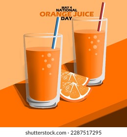 Two glasses of orange juice drink with a few slices of orange on an orange table with bold text to celebrate National Orange Juice Day on May 4