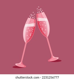 Two glasses of pink champagne with bubbles isolated on a pink background