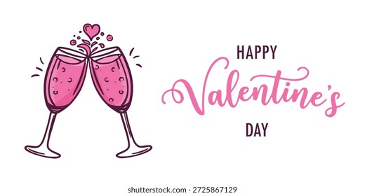 Duas taças de champanhe rosa clinking ao lado do texto do dia dos namorados feliz no fundo branco