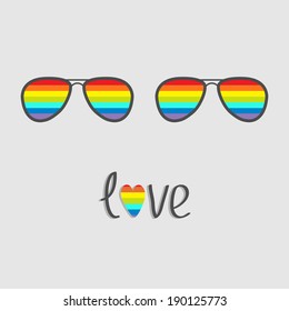 Two glasses with rainbow lenses. Word love with rainbow heart. Isolated. Vector illustration.