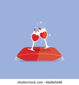 two glasses with red love wine with stars on a pillow illustration isolated in a blue background