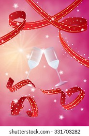 two glasses and red ribbons on red background
