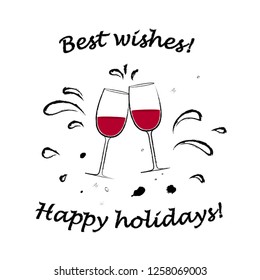 two glasses with red wine cheers and best wishes text isolated on the white background square vector illustration