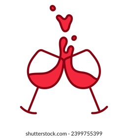 Two glasses of red wine. Cheers with wineglasses. Clink glasses icon. Splash of wine. Heart shape. Concept of love, wedding, holiday, valentine's day. Vector illustration isolated in flat design