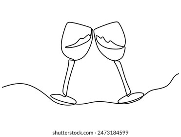 Dos copas de vino tinto animan dibujo de línea continua. Concepto de celebración y ovación. Ilustración vectorial diseño minimalista dibujado a mano.