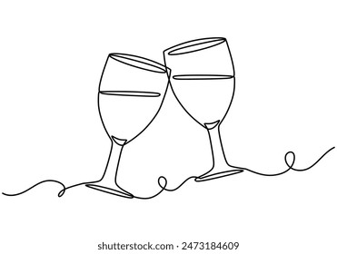 Two glasses of red wine cheers continuous line drawing. Celebrating and cheering concept. Vector illustration minimalist design hand drawn.