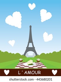 two glasses with red wine and cheese on table cloth with the Eiffel tower in background and heart shaped clouds with note l'amour
