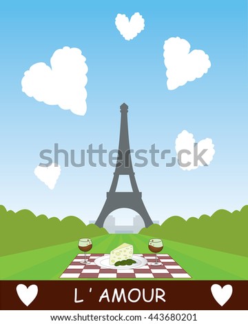 two glasses with red wine and cheese on table cloth with the Eiffel tower in background and heart shaped clouds with note l'amour