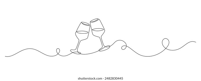 Two glasses of red wine in Continuous one line drawing. Champagne toast and cheers in simple linear style. Alcohol and cocktail drink menu in editable stroke. Doodle monoline vector illustration