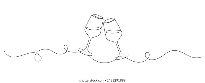 Two glasses of red wine in Continuous one line drawing. Champagne toast and cheers in simple linear style. Alcohol and cocktail drink menu in editable stroke. Doodle oneline vector illustration