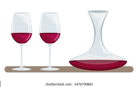 Two glasses of red wine and a decanter of wine. Proper use of wine. Accessories for drinking wine.