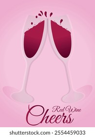 Two glasses of Red wine in doodle style. Red wine glasses make cheers.  All layers are single for any coustomization ,isolated on pink gradient background ,Eps 10 vector illustration.