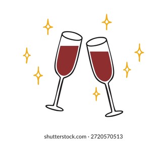 zwei Gläser Rotwein doodle handgezeichnete Ferienelement für Poster feiern handgezeichnet zwei Gläser jubeln elegante Ikone. Vektorgrafik