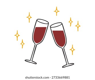dois copos de vinho tinto doodle mão desenhada elemento de férias para cartaz comemorar mão desenhada dois copos aplaude ícone elegante. Ilustração vetorial