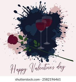 Two glasses of red wine and an elegant burgundy rose on a background of blue and pink spots. Valentine's Day card