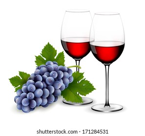 Two glasses of red wine with grapes. Vector.