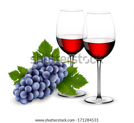 Two glasses of red wine with grapes. Vector.