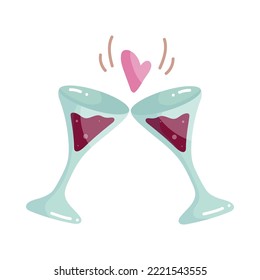 Two glasses of red wine with a heart. Cartoon vector graphics.