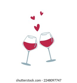 Two glasses of red wine and hearts. Concept of romantic date or Happy Wine Party. Hand drawn vector illustration.