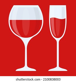Two glasses with red wine, high and low set with shadow and light. Alcoholic drink with liquid in the form of a wave and not moving. Suitable for logos and menus of restaurants and cafes. Vector