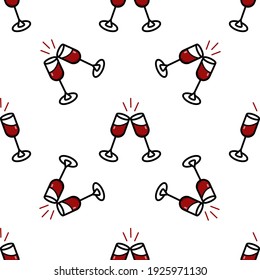 Two glasses of red wine on a white background. Simple seamless pattern in outline style. Vector background. Design of a wine cart, packaging paper, wallpaper.
