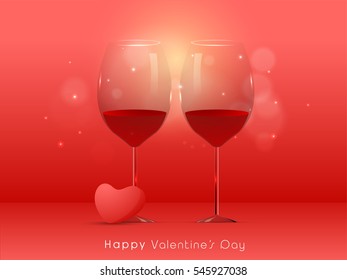 Two glasses of red wine on shiny background. Vector for Happy Valentine's Day Celebration.