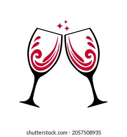 Two glasses of red wine or other alcohol. two glasses clink together. Congratulations to each other. Wine Icon isolated on white background. Vector illustration.