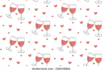 Two glasses with red wine and pink hearts seamless pattern