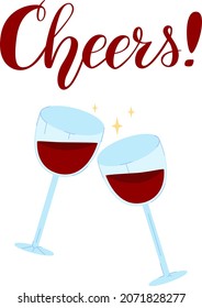 Dos vasos con vino tinto y cantar "Cheers". Imagen aislada.