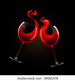 Two glasses of red wine with splash over black background