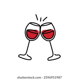 Two glasses of red wine tilted clinking glasses festive toast Red wine line in doodle retro style