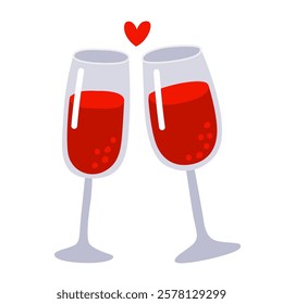 Two glasses of red wine. Toast. Cute simple illustration for valentine's day card, white background.	