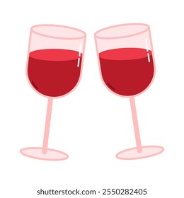 Zwei Gläser Rotwein. Valentinstag Dekoration. Flache, einzelne Vektorgrafik