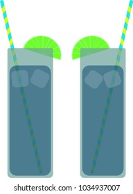 two glasses of refreshing beverage with a piece of a lime as decoration, and drinking straws