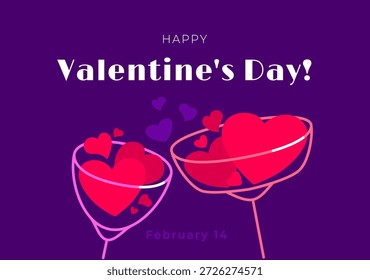 Dos vasos con corazones románticos. Ilustración vectorial para el día de San Valentín sobre fondo púrpura