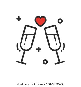 Two glasses, romantic toast line icon. Wedding sign and symbol. Binge, drink, champagne, wine. Wedding birthday holidays event greetings love theme